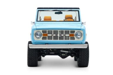 1973 Classic Ford Bronco in frozen blue with rolls royce orange leather and alpaca interior front