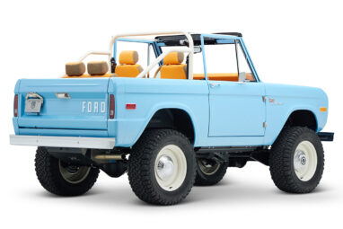 1973 Classic Ford Bronco in frozen blue with rolls royce orange leather and alpaca interior passenger rear