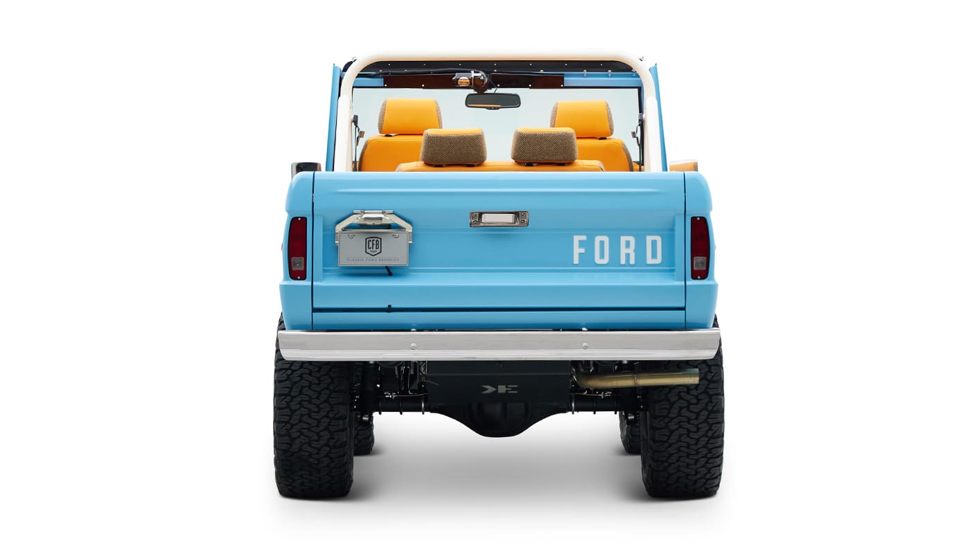 1973 Classic Ford Bronco in frozen blue with rolls royce orange leather and alpaca interior rear