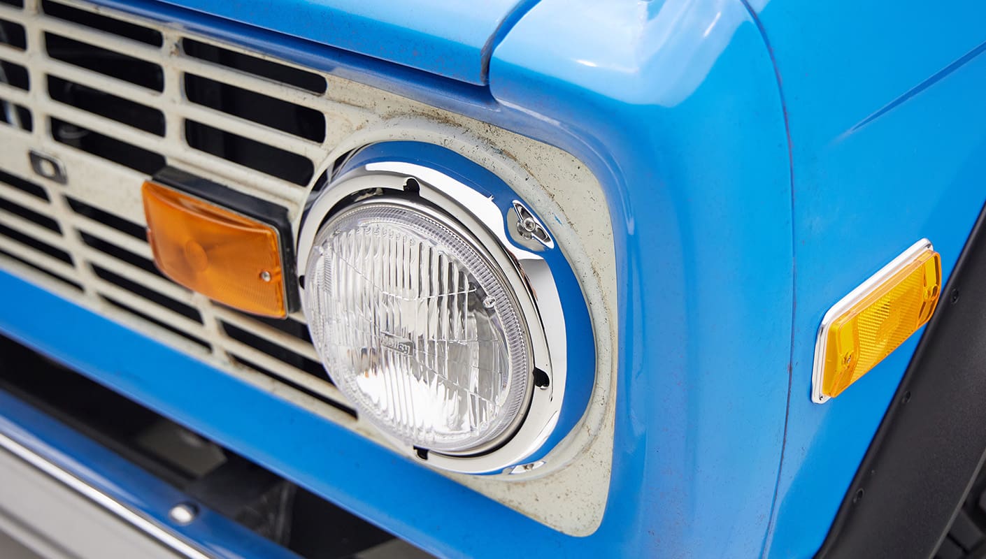 1976 classic ford bronco in blue patina paint with whiskey leather interior headlight patina