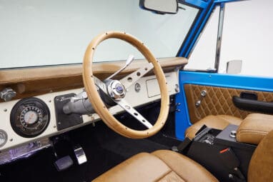 1976 classic ford bronco in blue patina paint with whiskey leather interior wood steering wheel
