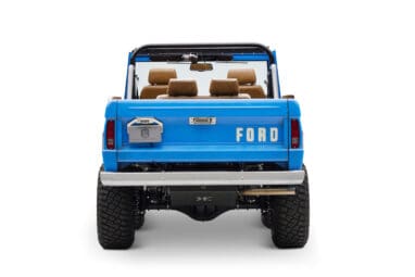 1976 classic ford bronco in blue patina paint with whiskey leather interior rear