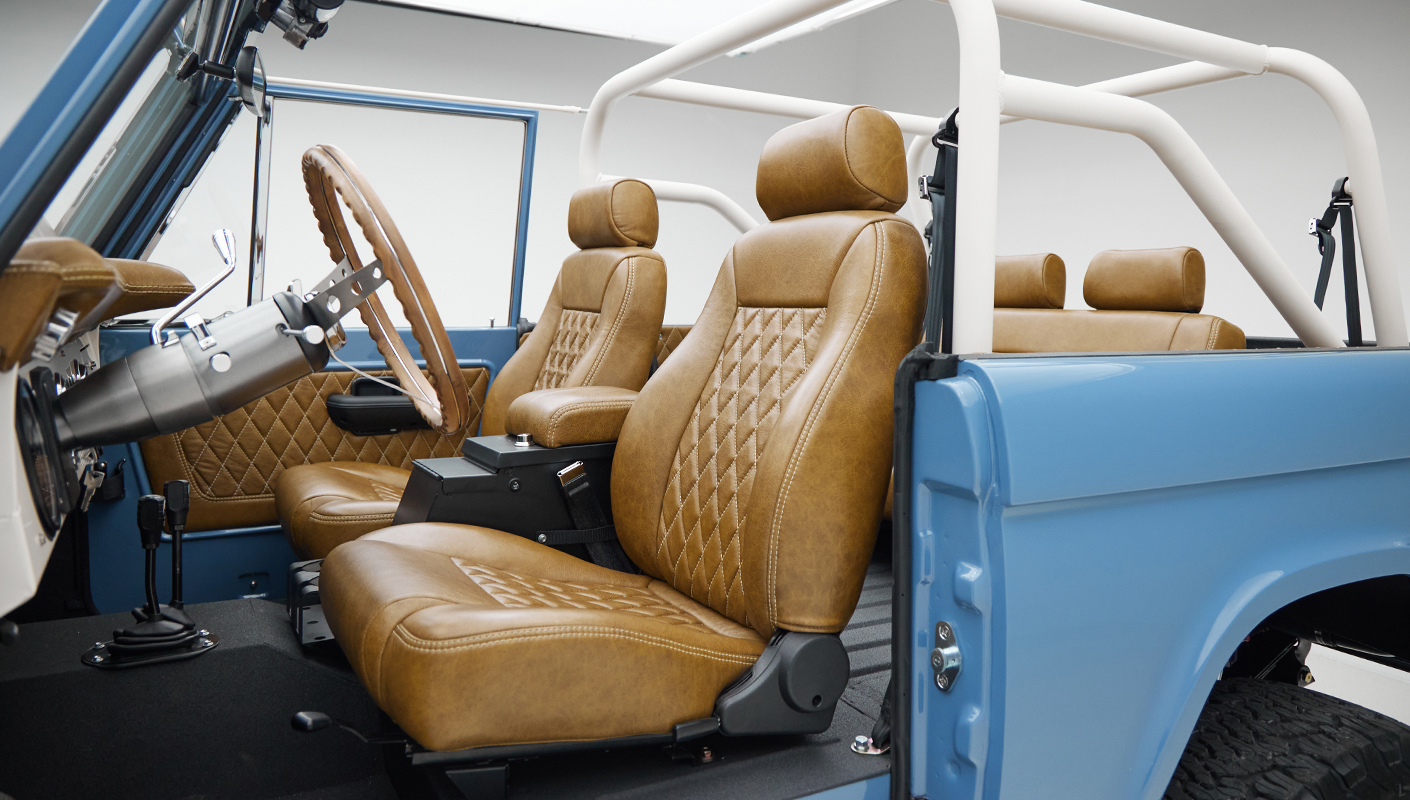 1974 classic ford bronco in stars & stripes blue with whiskey leather driver seat